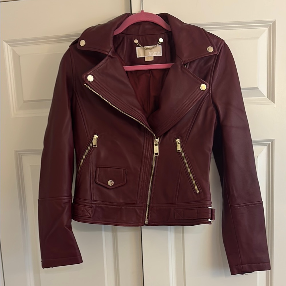 Michael Kors Burgundy Leather Moto Jacket Asymmetrical Zipper